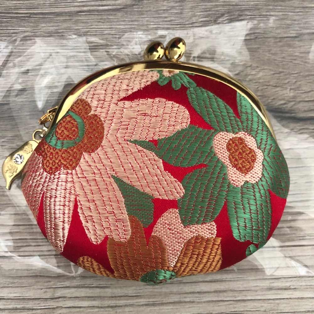 New Taiwan Gamaguchi Small Embroidered Coin Purse Pouch with Floral Embroidery